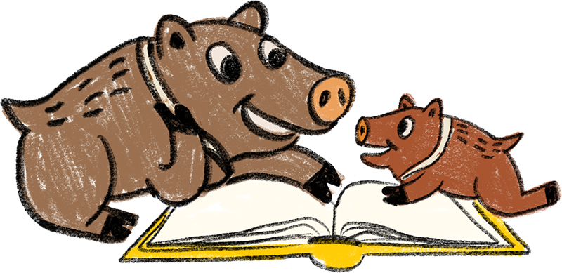 Cartoon javelina family reading a book together